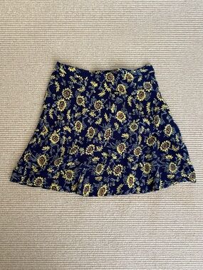 90s Style Sunflower Skirt Floral A-Line Skater Skirt - Navy and Yellow Print